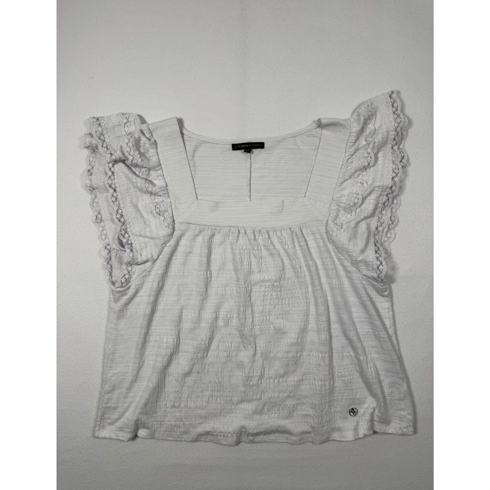 Boho Adrienne Vittadini Womens XL Flutter Sleeve Top White Lace Trim Square Neck